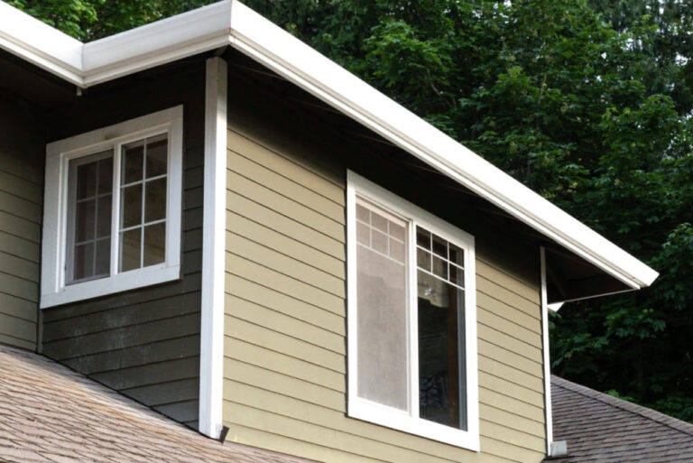 Pale green house on a background of trees